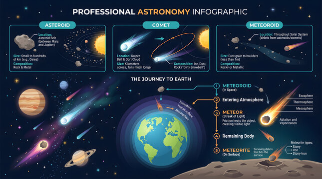 Astronomy infographic displays the celestial journey of asteroids, comets, and meteoroids through space and their eventual atmospheric entry toward Earth.