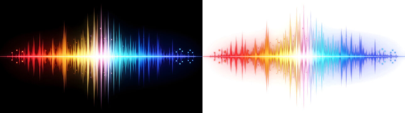 Colorful rainbow audio waveform equalizer spectrum with glowing frequency bars for music design in PNG, Transparent and Black Background Versions
