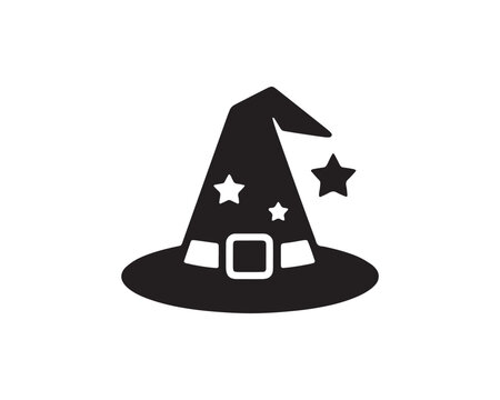 Black witch hat silhouette with stars and buckle on a white background halloween icon