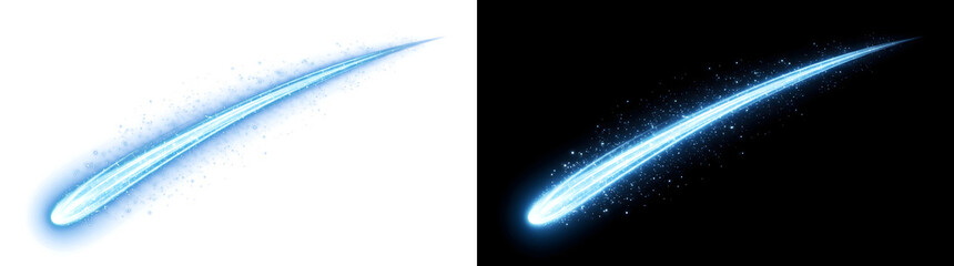 Blue shooting star comet with glowing light trail and sparkling dust for space design in PNG, Transparent and Black Background Versions © Nyxthrasza
