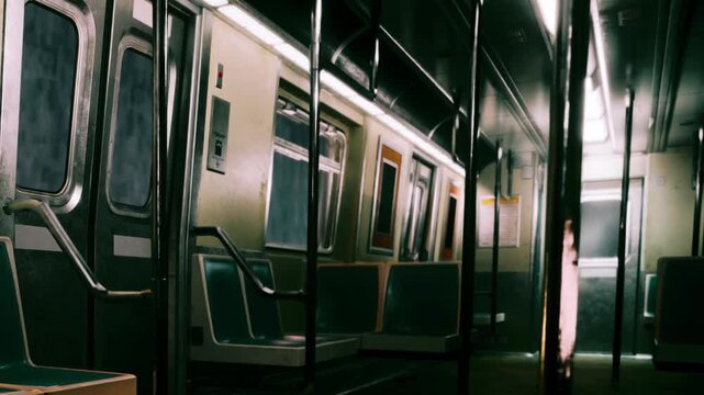 A subway train sits empty with seats along the sides. The lights are on and walls are lined with poles. The view shows the quiet interior without any people.