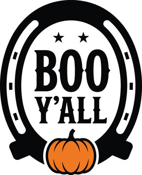 Boo yall halloween design with horseshoe and pumpkin vector illustration
