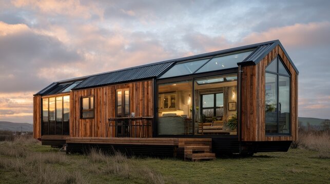 Modular Home Modern wooden tiny house with large windows situated in a natural open field under a cloudy sky.