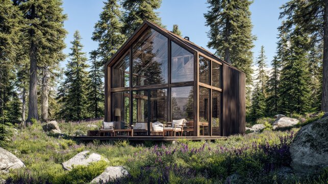 Modular Home Modern glass house surrounded by pine trees in a serene forest setting with natural stone and grass.
