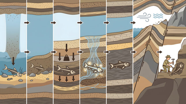 Fossil formation infographic depicts the geological layers and biological transformation of prehistoric marine life over time.