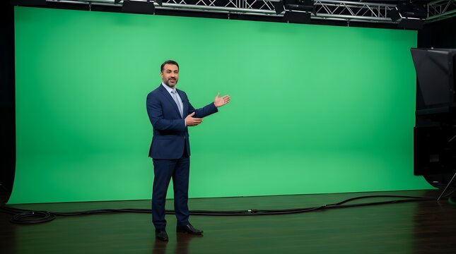 Professional news anchor presenting in front of a green screen studio