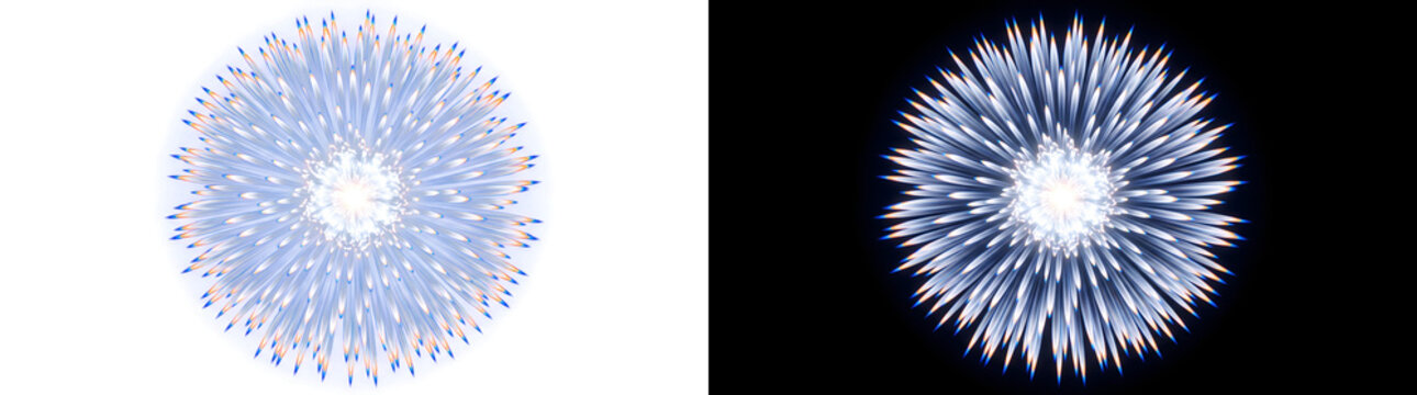 Blue firework burst sphere explosion with radiant spark petals for celebration design in PNG, Transparent and Black Background Versions
