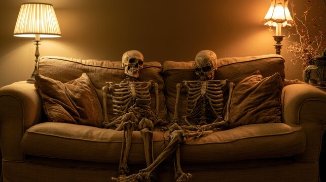 Two human skeletons sitting side by side on a beige sofa in a dimly lit cozy living room with warm light from two lamps creating a spooky yet calm atmosphere