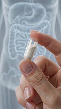Gut microbiome imbalance concept featuring hand holding probiotic capsule supplement before translucent digestive system illustration, supporting intestine health, digestive wellness, and microbiome