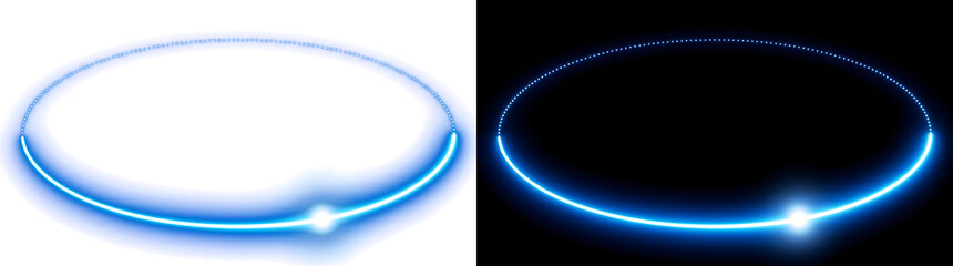 Blue glowing orbit ring with dotted ellipse path and radiant star for technology design in PNG, Transparent and Black Background Versions © Nyxthrasza