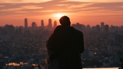 Fototapeta premium Romantic couple enjoying beautiful sunset view over city skyline with warm orange sky and peaceful evening atmosphere embracing tender moment together