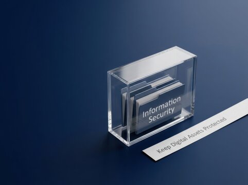 Information Security Folders Inside a Clear Acrylic Protective Case on a Dark Navy Background with a Silver Plaque Stating Keep Digital Assets Protected for Cybersecurity Concepts.