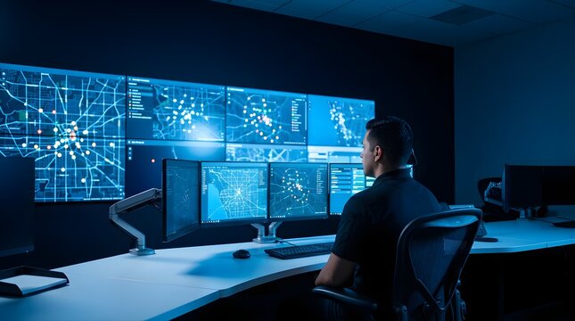 Specialist monitoring city traffic and security data on digital displays