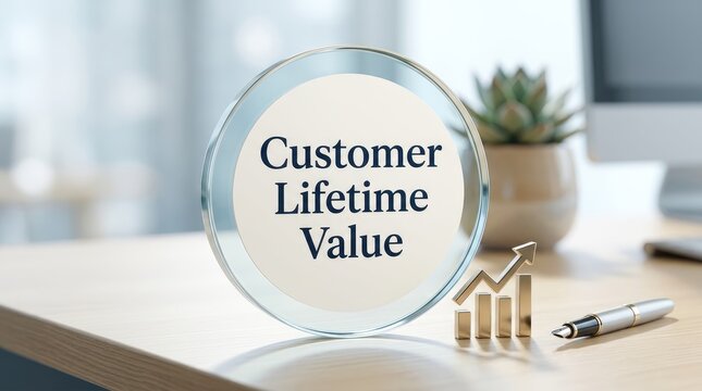 Customer lifetime value text displayed on circular glass desk sign with golden financial growth chart figure