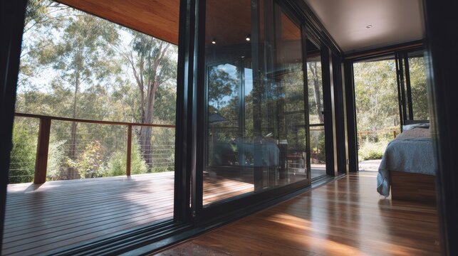 Modular Home Modern bedroom with glass doors opening to a wooden balcony overlooking a forested area in daylight.