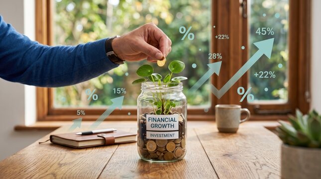 Hand placing coin into glass jar labeled financial growth investment with growing plant inside, symbolic representation of saving money, wealth accumulation, compound interest