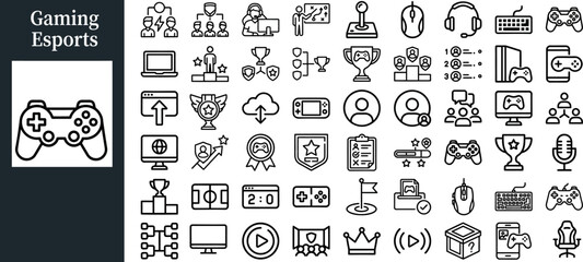 Gaming Tournament outline icon set. Featuring trophy, team, ranking, livestream, and microphone symbols. Editable stroke vector icons for competitive league dashboard and esports event platform. © syna