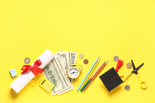 Graduation hat, diploma, stationery and money on yellow background. Tuition fees concept