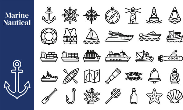 Sailing Ocean Navigation outline icon set. Featuring anchor, compass, sailboat, yacht, and lifebuoy symbols. Editable stroke vector icons for marina booking app and maritime travel brochure.