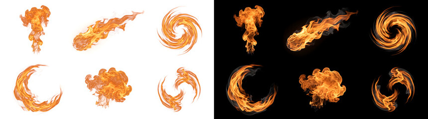 Collection of orange fire flame swirls with ring vortex and burning fireball for game asset design in PNG, Transparent and Black Background Versions © Nyxthrasza
