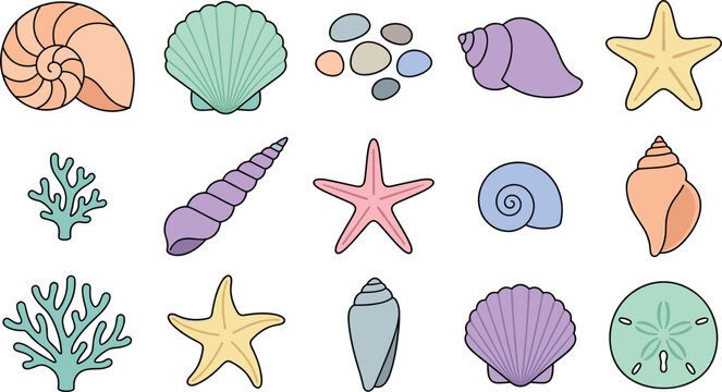 Pastel Marine Life Seashell and Starfish Vector Icon Set with Coral Branches Sand Dollar and Ocean Pebbles for Summer Beach Designs