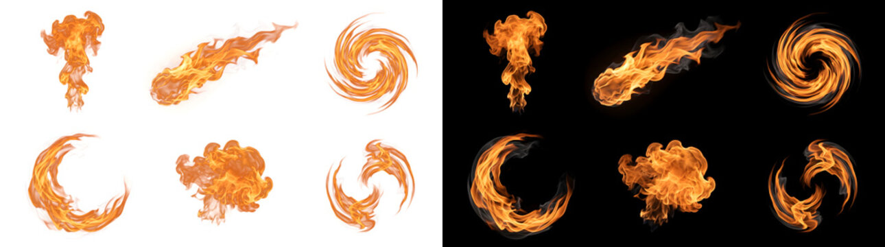 Collection of orange fire flame swirls with ring vortex and burning fireball for game asset design in PNG, Transparent and Black Background Versions