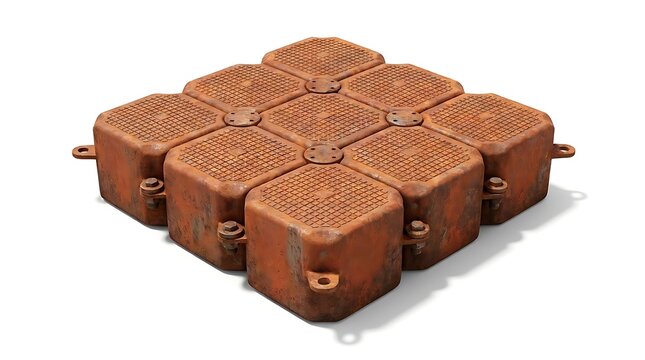 A series of interconnected rusty dock platforms floating together as a modular unit for marine infrastructure isolated on a white studio background