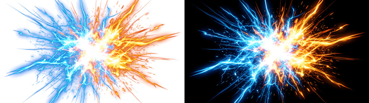 Blue and orange fire ice energy explosion collision with electric spark burst for game action design in PNG, Transparent and Black Background Versions