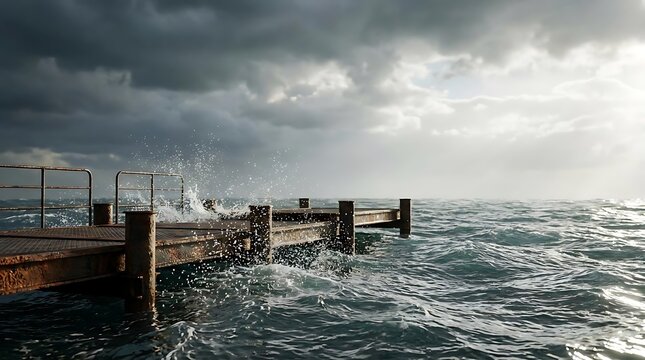 A view of the ocean waves crashing against a set of rusty dock platforms during a moody and overcast day by the sea under a dark and heavy sky