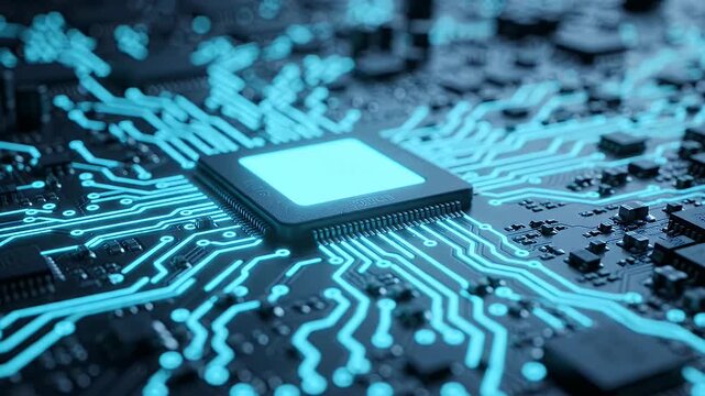Glowing blue circuit board with central processor