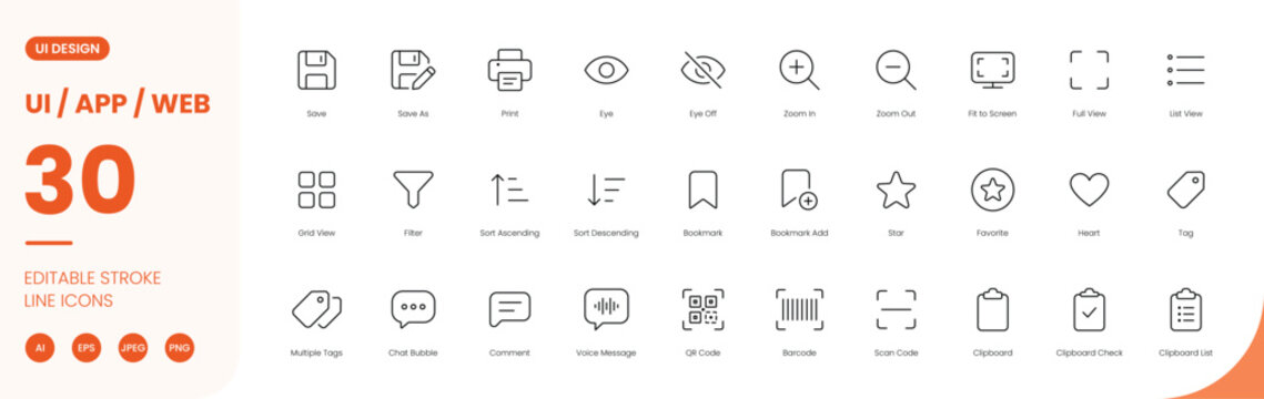 ui app web interface icon line style digital design editable stroke vector set