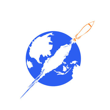 an orange and white rocket appearing to launch from Earth's surface, piercing the atmosphere and heading into space