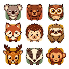 Naklejka premium Colorful Cartoon Animal Faces Collection.