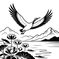 Naklejka premium Crane Flying Above Lake with Lotus Flowers and Mountains Black and White Vector SVG