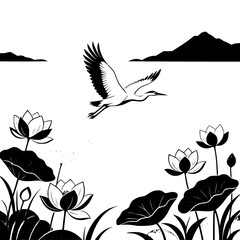 Naklejka premium Crane Flying Above Lake with Lotus Flowers and Mountains Black and White Vector SVG
