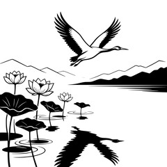 Naklejka premium Crane Flying Above Lake with Lotus Flowers and Mountains Black and White Vector SVG