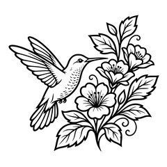 Fototapeta premium Hummingbird Hovering Beside Blooming Flowers Black and White Vector SVG