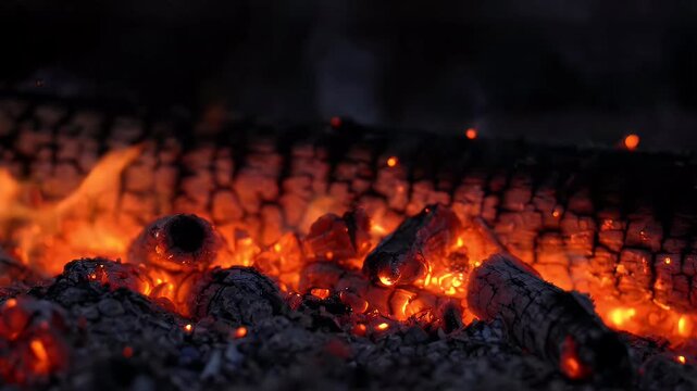 Glowing embers falling slowly in a warm fire