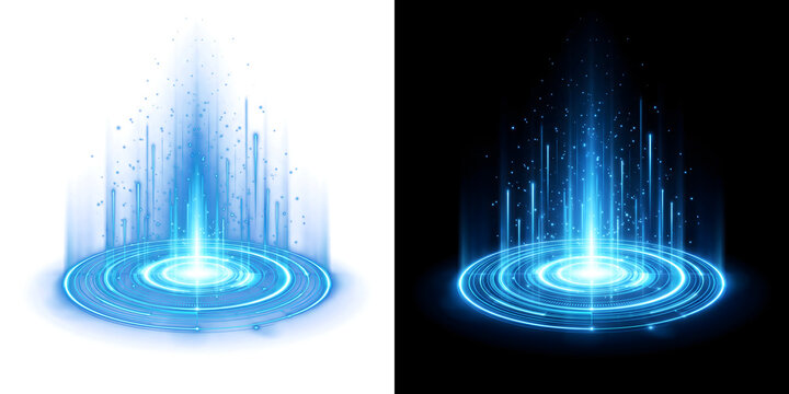 Blue holographic technology circle with digital light beam and futuristic interface for sci-fi design in PNG, Transparent and Black Background Versions