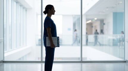 Fototapeta premium Professional female nurse in blue scrubs standing in modern hospital corridor holding clipboard, healthcare worker silhouette looking through glass window, medical staff waiting
