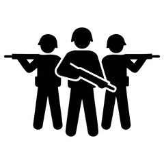 Obraz premium Minimalist vector illustration depicting a group of three armed soldiers in uniform standing ready for combat mission tasks in a professional graphic style