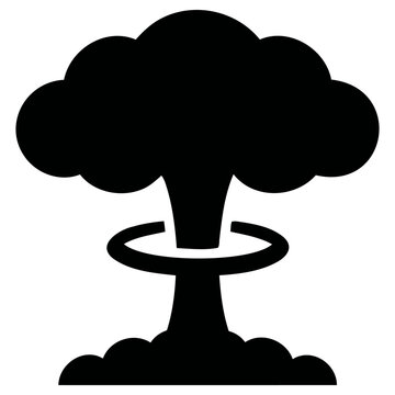 A powerful black vector illustration graphic depicting a nuclear explosion mushroom cloud with swirling ring detail.