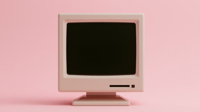 Retro vintage beige color old computer monitor with blank black screen isolated on soft pastel pink background with minimal style and copy space