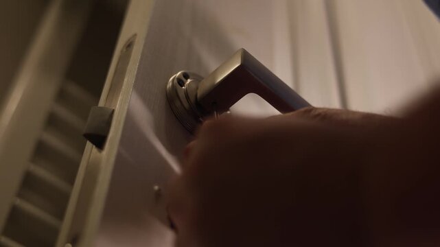 Horizontal 4K video close up. 60 fps. Bottom view. Man locksmith repairs an interior wood door in bath room. Male hand tightens bolt, nut, screw into metal door handle with lock using hex screwdriver