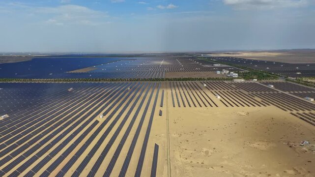Desert photovoltaic panels, aerial view of a solar photovoltaic power station