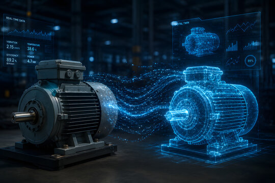 Futuristic industrial machinery with a glowing digital twin and real-time data visualization, representing AI-powered predictive maintenance, smart manufacturing, industrial automation, digital transf