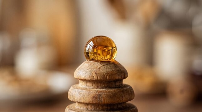 Honey droplet rests on a turned wooden dipper close up photography