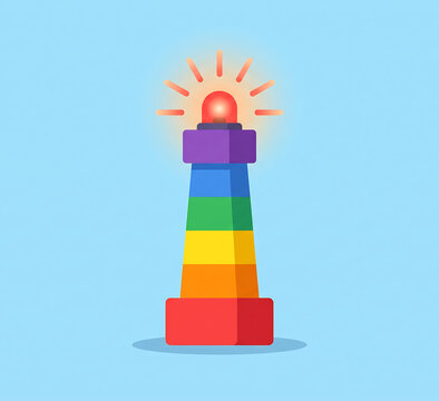 Flat illustration of a colorful pride lighthouse with a glowing red beacon light