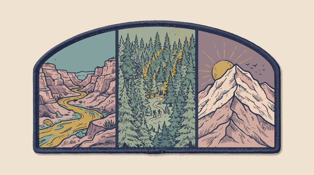 Outdoor adventure badge vector illustration featuring beautiful canyon scenery lush pine forest landscapes and majestic snow capped mountain peaks design