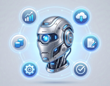 Futuristic cyborg head surrounded by digital icons representing business and technology processes